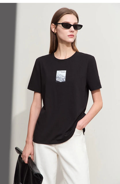 Minimalist Embroidered Black O-Neck T-shirt