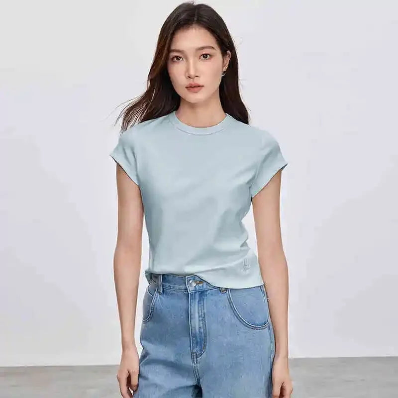 Solid Knitted Crewneck Short Sleeve Embroidery Top