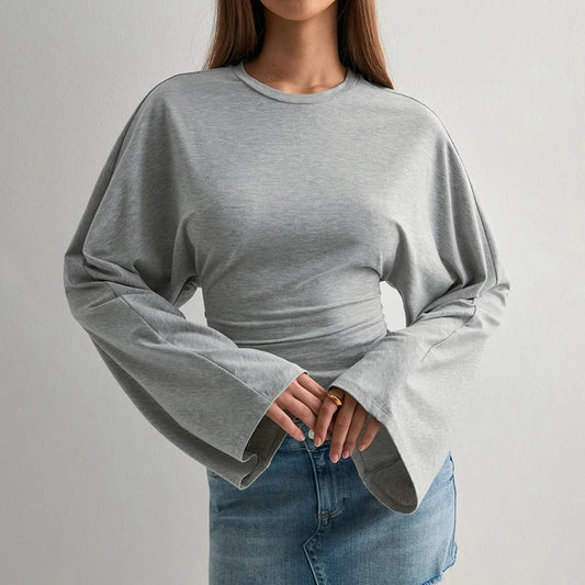 Solid Color Round Neck Cinched Waist Long Sleeve Top