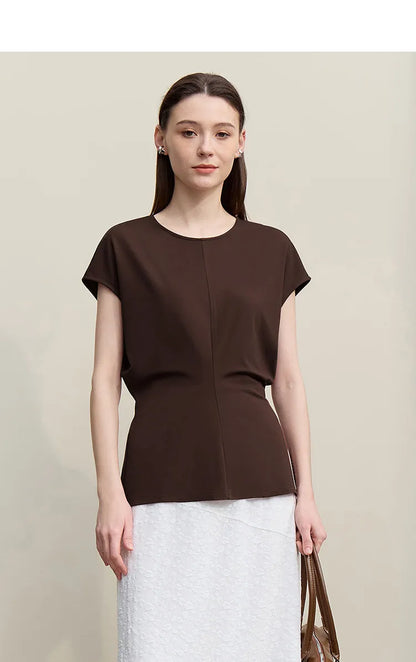 Fitted Waist Pleated Knit Tee Solid Top