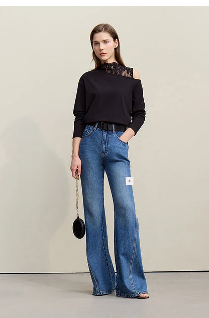 Long Sleeve Lace Accent Cotton T-Shirt