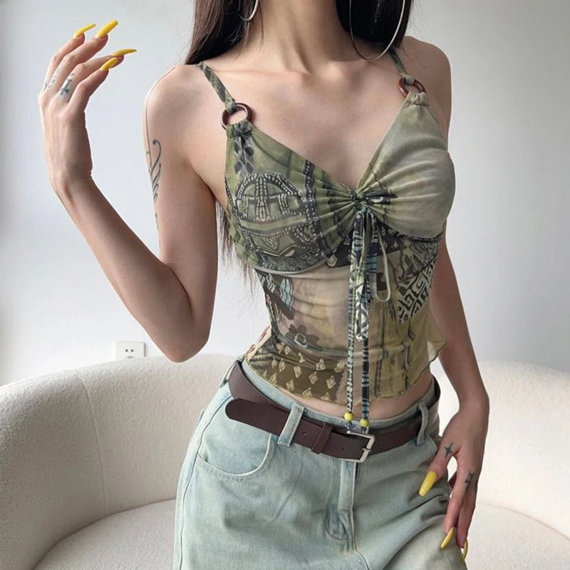 Grunge Fairycore Mesh Crop Top & Drawstring Camisole