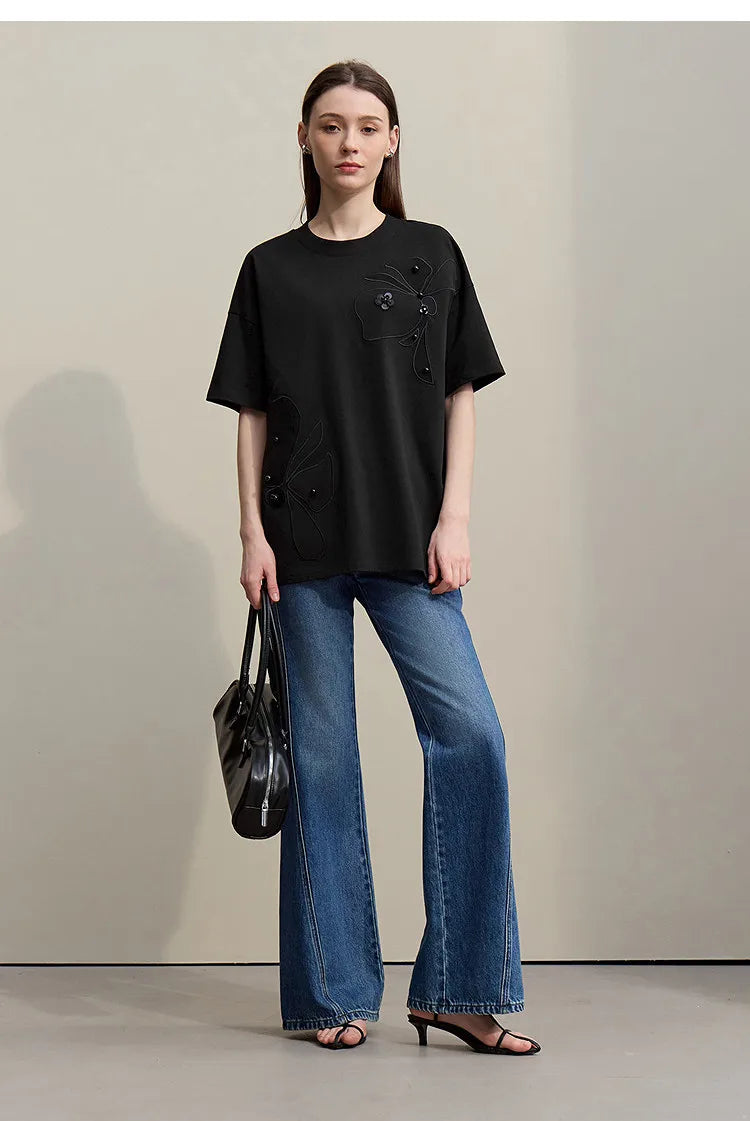 Embroidered Drop Shoulder Loose Cotton Tee