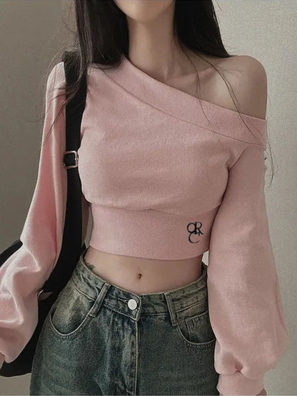 Casual Cropped Off-Shoulder Skew Collar Tee