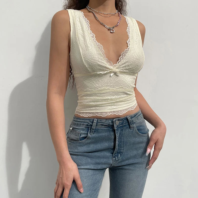 Lace V Neck Bodycon Cropped Tank Top & Vest
