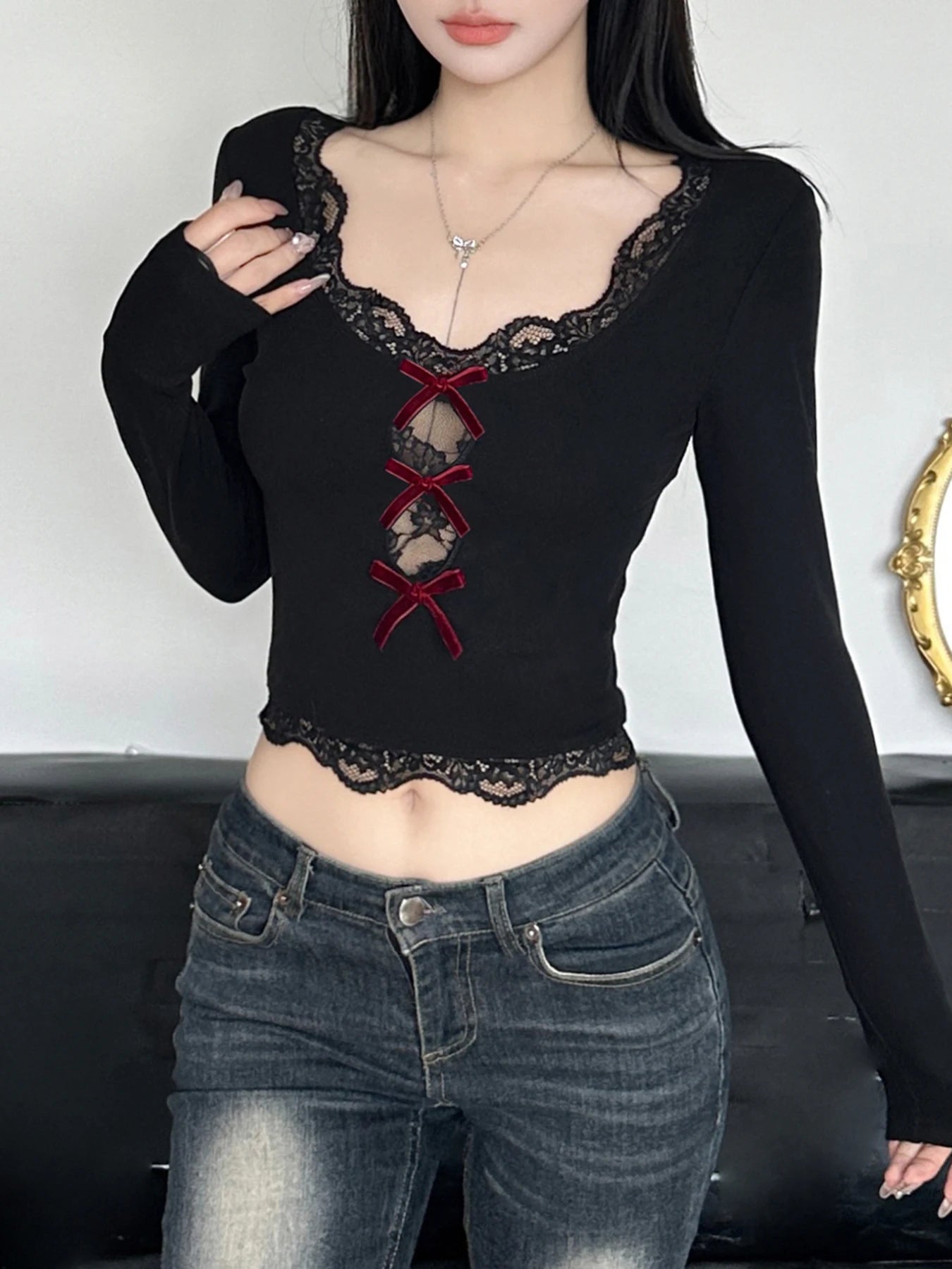 Bow Lace Trim Hollow Out Cropped Long Sleeve Tee
