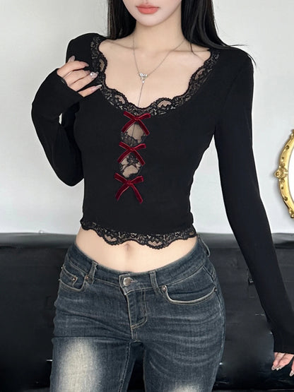 Bow Lace Trim Hollow Out Cropped Long Sleeve Tee