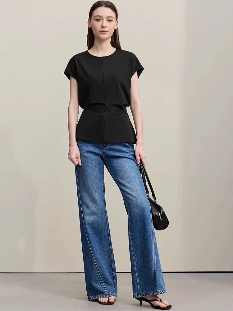 Fitted Waist Pleated Knit Tee Solid Top