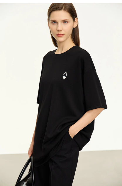 Minimal Loose Long T-shirt with Embroidery