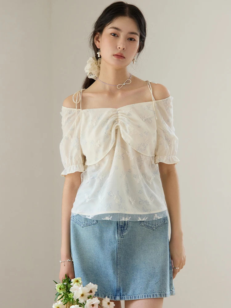 Beige Floral Chiffon Blouse & Detachable Brooch
