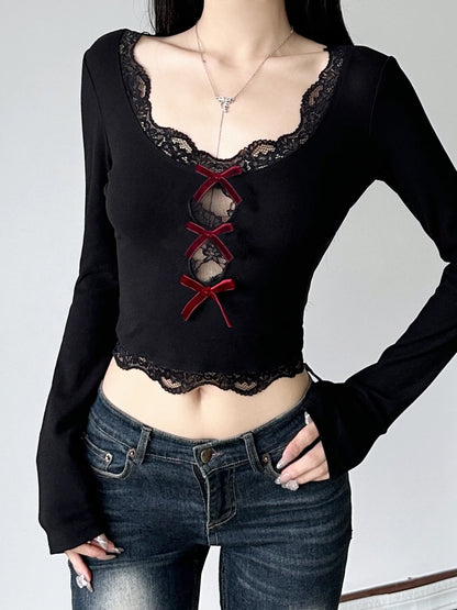Bow Lace Trim Hollow Out Cropped Long Sleeve Tee