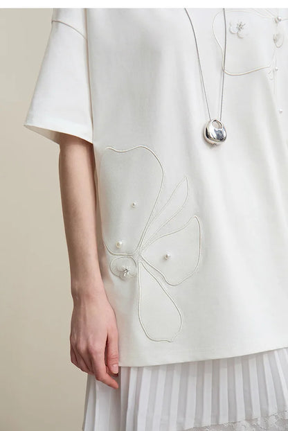 Embroidered Drop Shoulder Loose Cotton Tee