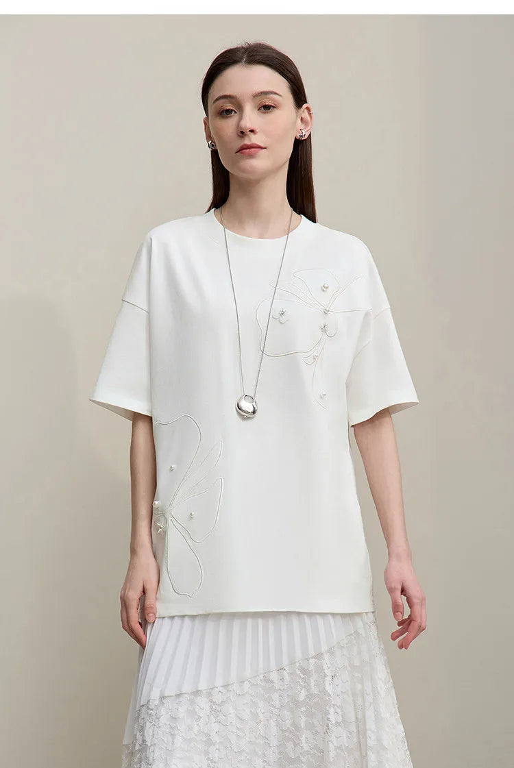 Embroidered Drop Shoulder Loose Cotton Tee