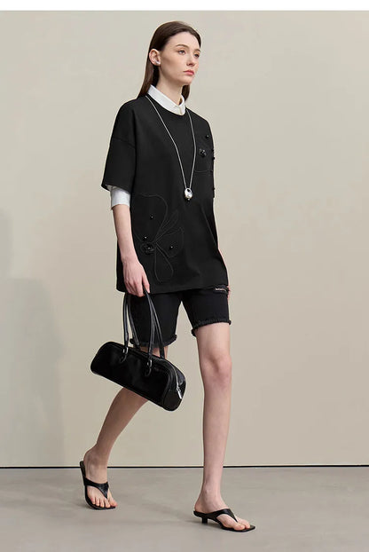 Embroidered Drop Shoulder Loose Cotton Tee