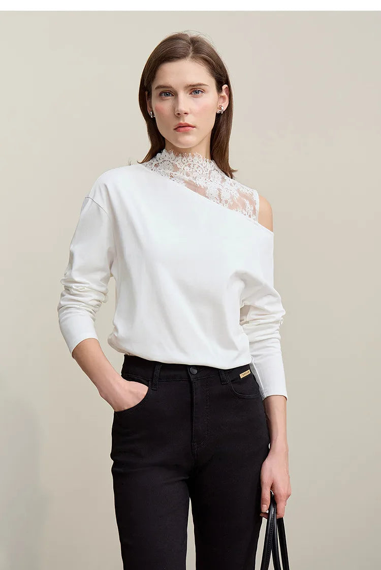 Long Sleeve Lace Accent Cotton T-Shirt