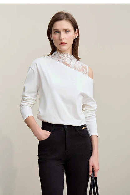 Long Sleeve Lace Accent Cotton T-Shirt