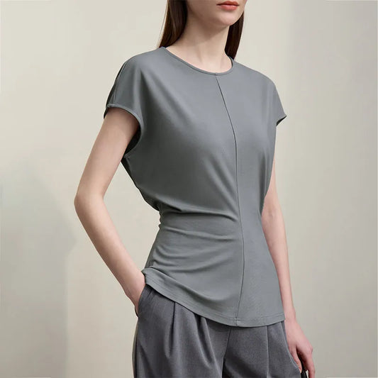 Fitted Waist Pleated Knit Tee Solid Top