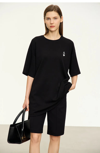 Minimal Loose Long T-shirt with Embroidery