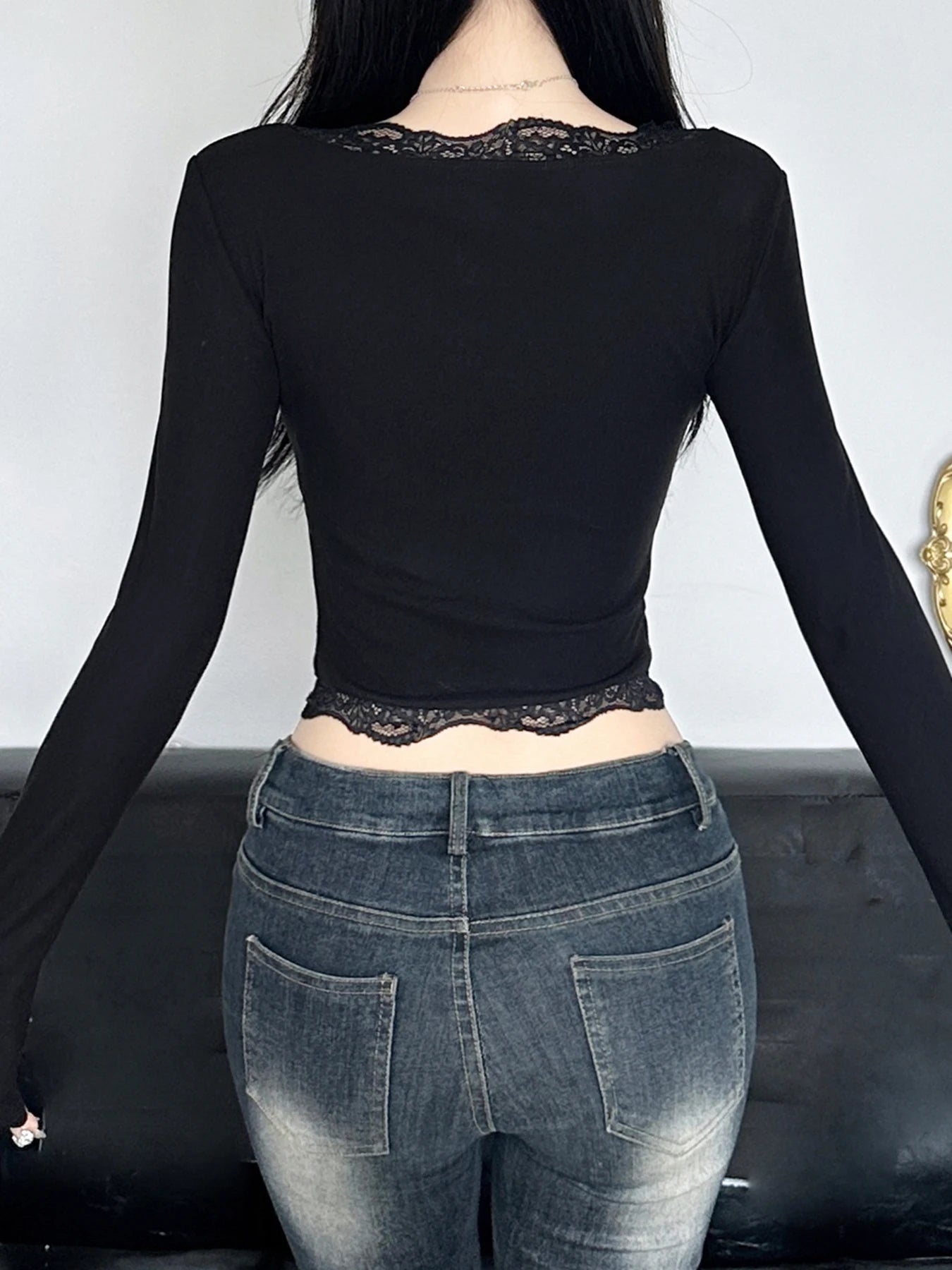 Bow Lace Trim Hollow Out Cropped Long Sleeve Tee