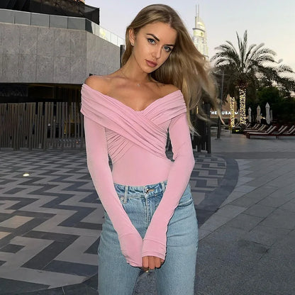 Off Shoulder Long Sleeve V Neck Bodysuit Top