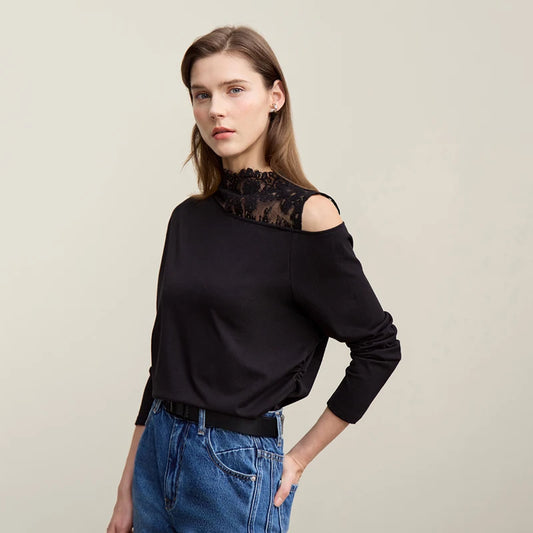 Long Sleeve Lace Accent Cotton T-Shirt