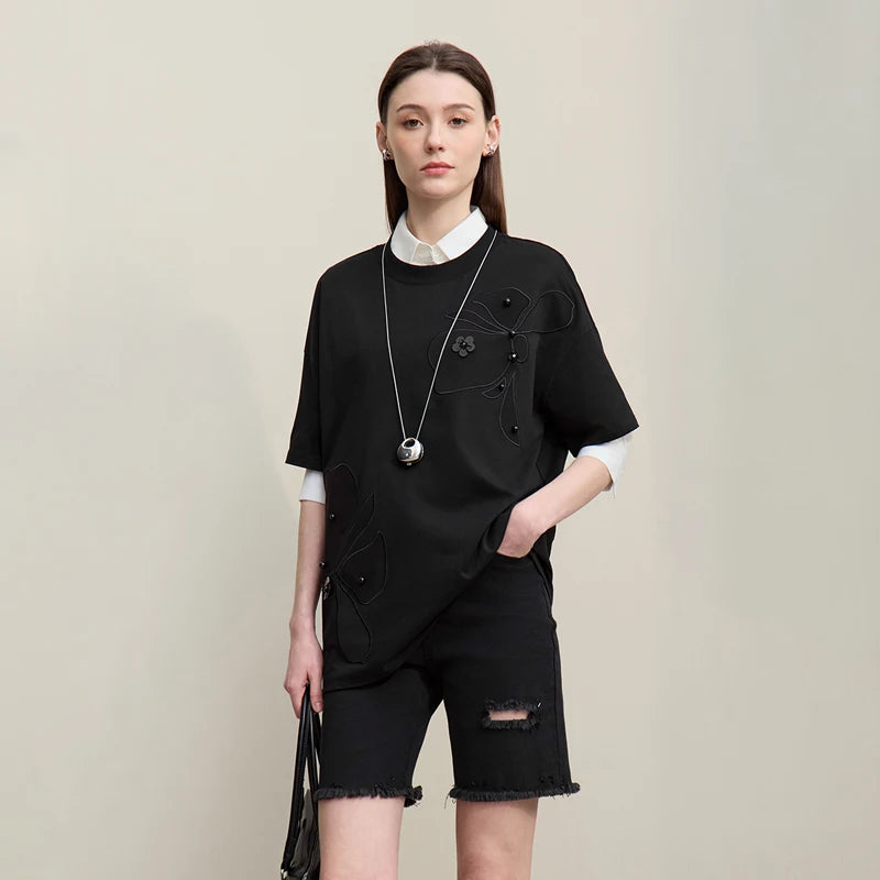 Embroidered Drop Shoulder Loose Cotton Tee