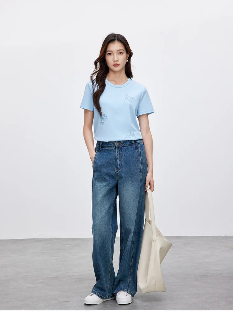 Embroidered Round Neck Short Sleeve Casual T-shirt