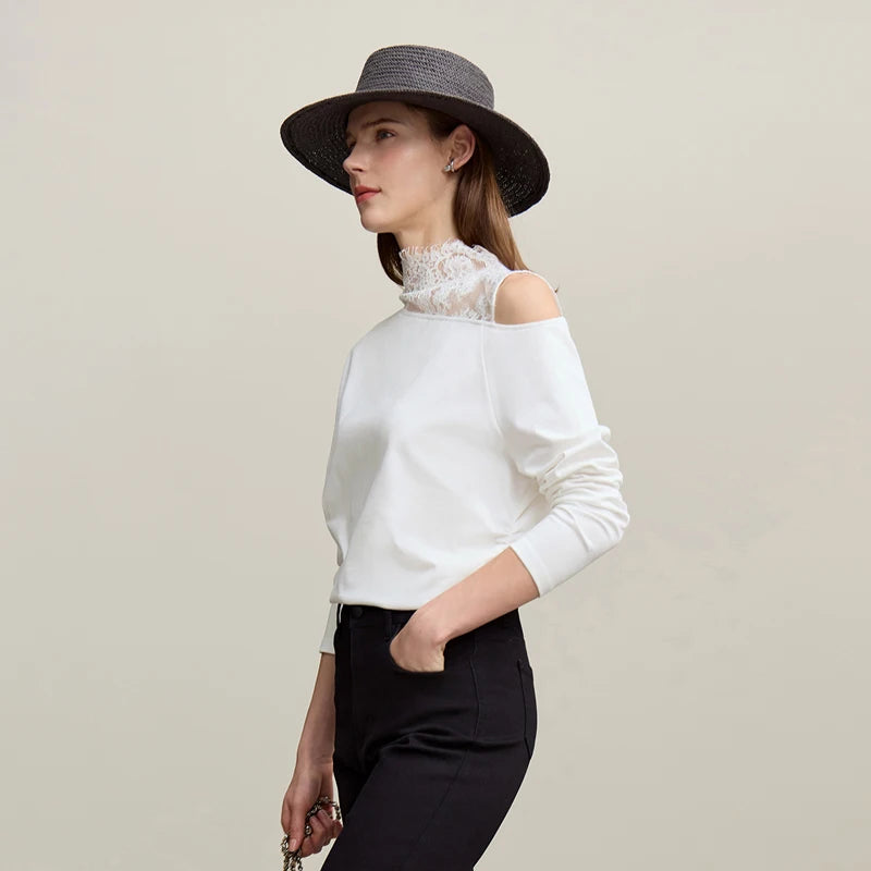 Long Sleeve Lace Accent Cotton T-Shirt