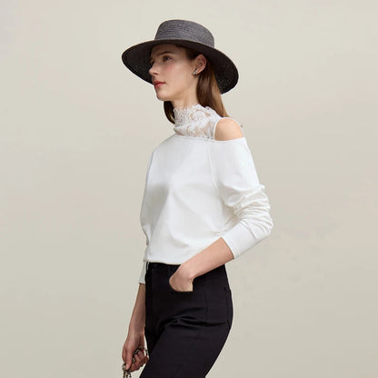 Long Sleeve Lace Accent Cotton T-Shirt