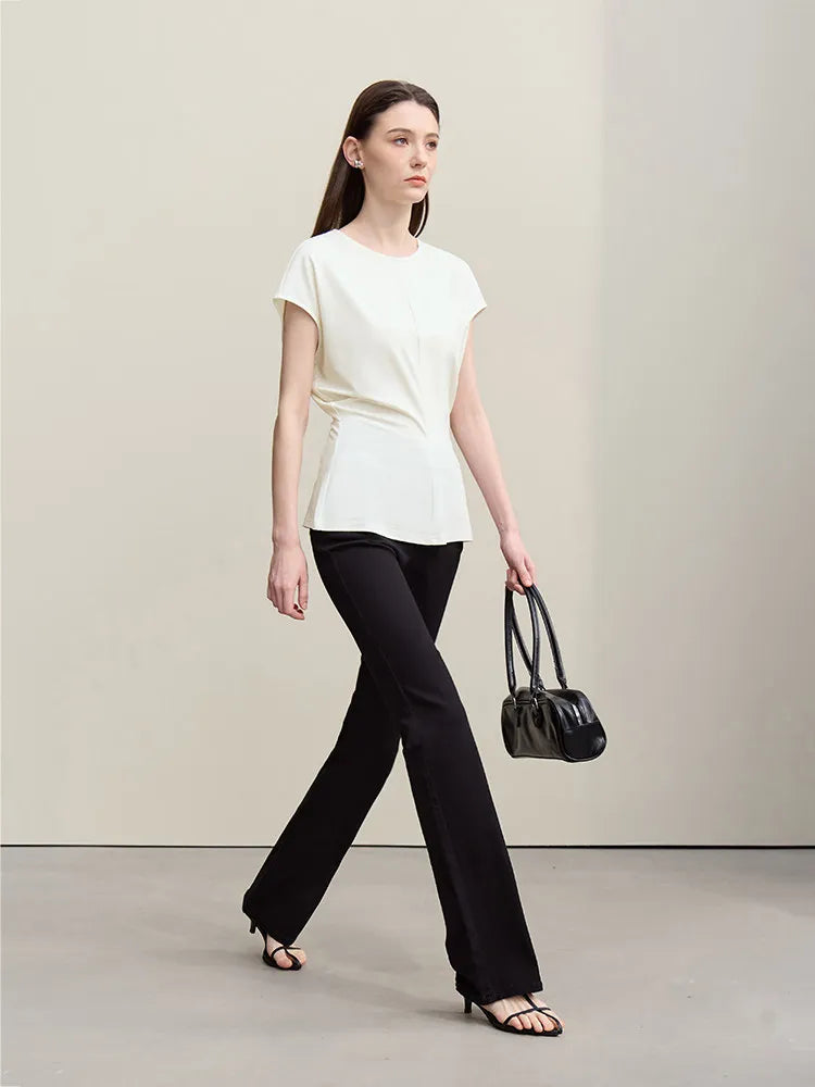 Fitted Waist Pleated Knit Tee Solid Top