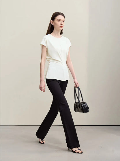 Fitted Waist Pleated Knit Tee Solid Top