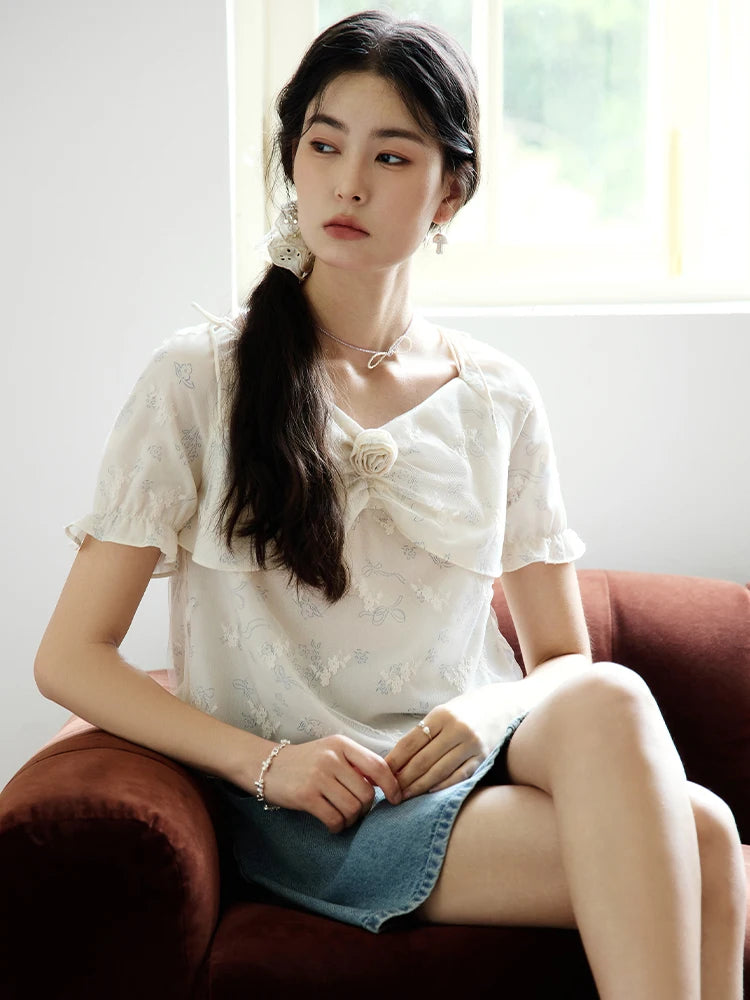Beige Floral Chiffon Blouse & Detachable Brooch