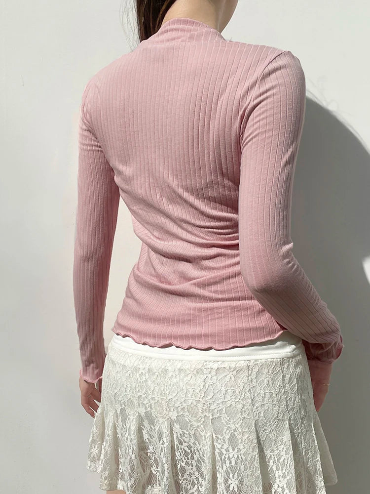 Patchwork Lace Square Collar Long Sleeve Tee