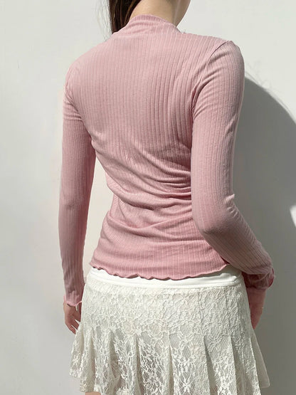 Patchwork Lace Square Collar Long Sleeve Tee