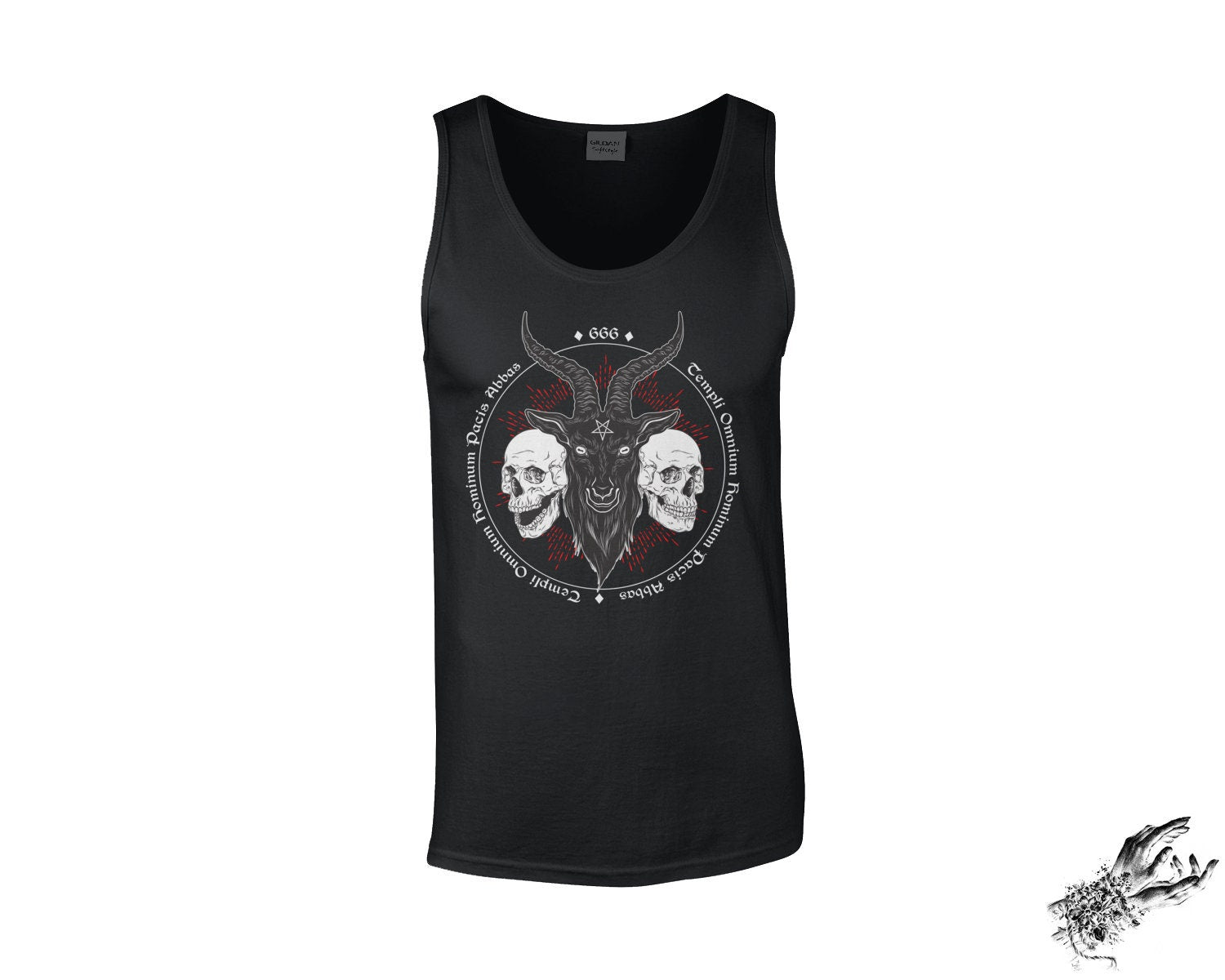 Black tank top with a graphic design of a two horned Goat on a white background
