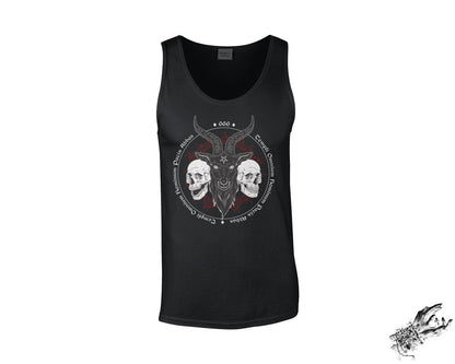 Black tank top with a graphic design of a two horned Goat on a white background