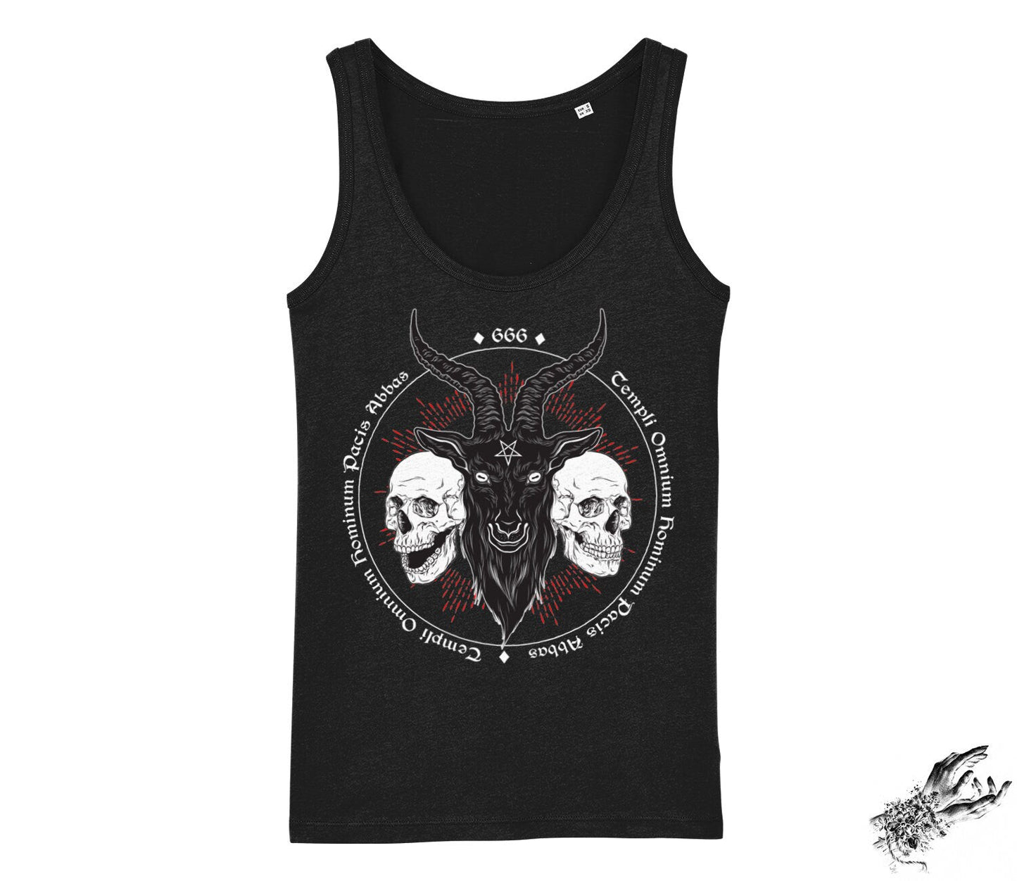 Black tank top with a central design of a goat head with horns and two skulls, on a white background.