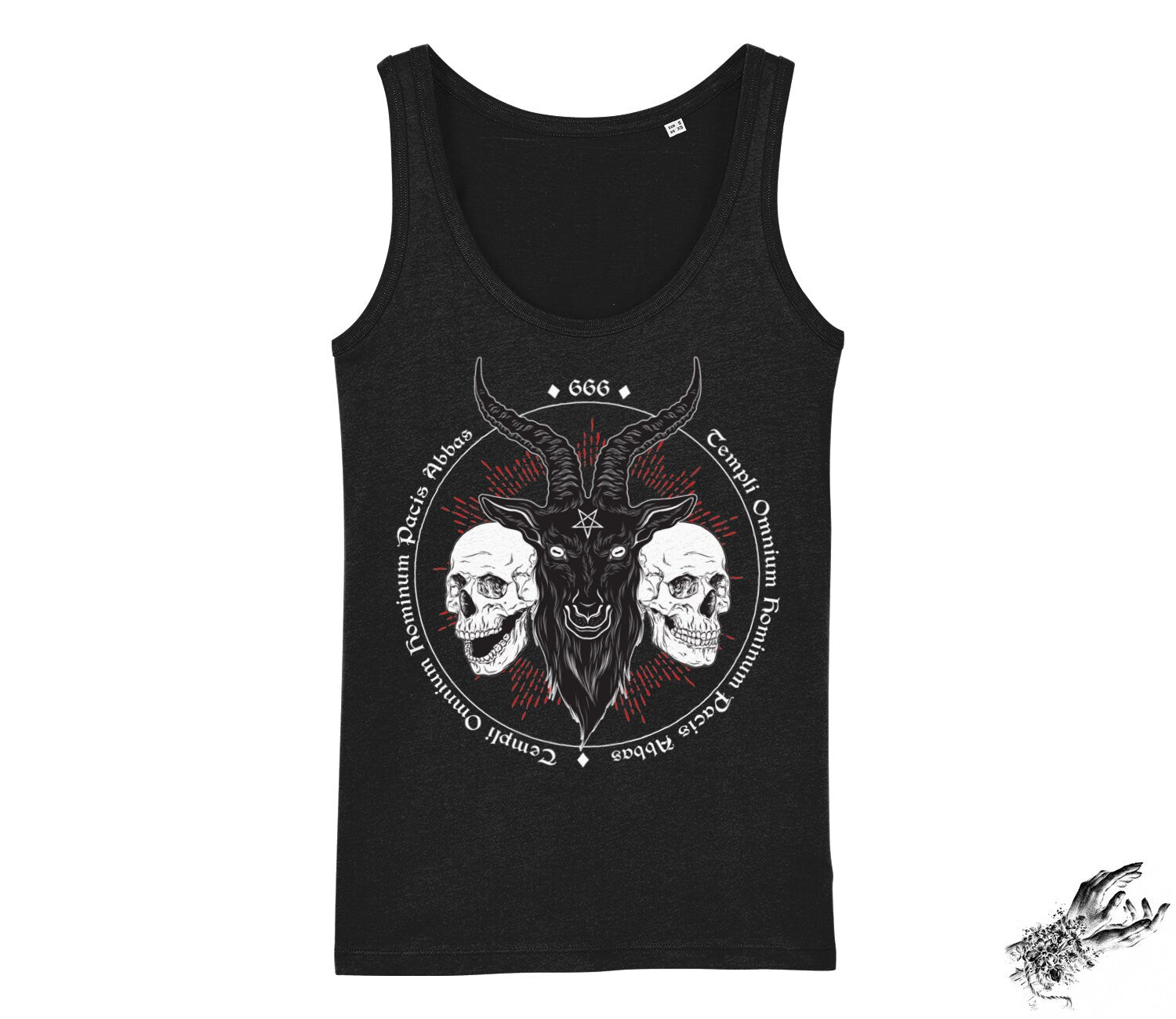 Black tank top with a central design of a goat head with horns and two skulls, on a white background.