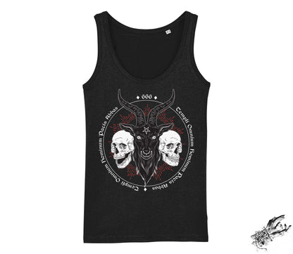 Black tank top with a central design of a goat head with horns and two skulls, on a white background.